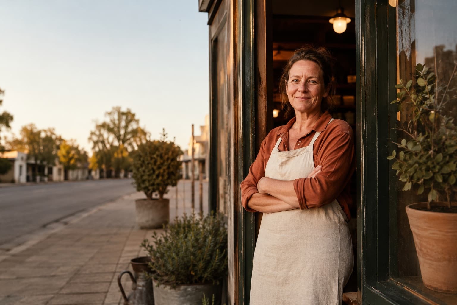 A regional Australian small-business owner standing in the doorway of her shop at golden hour