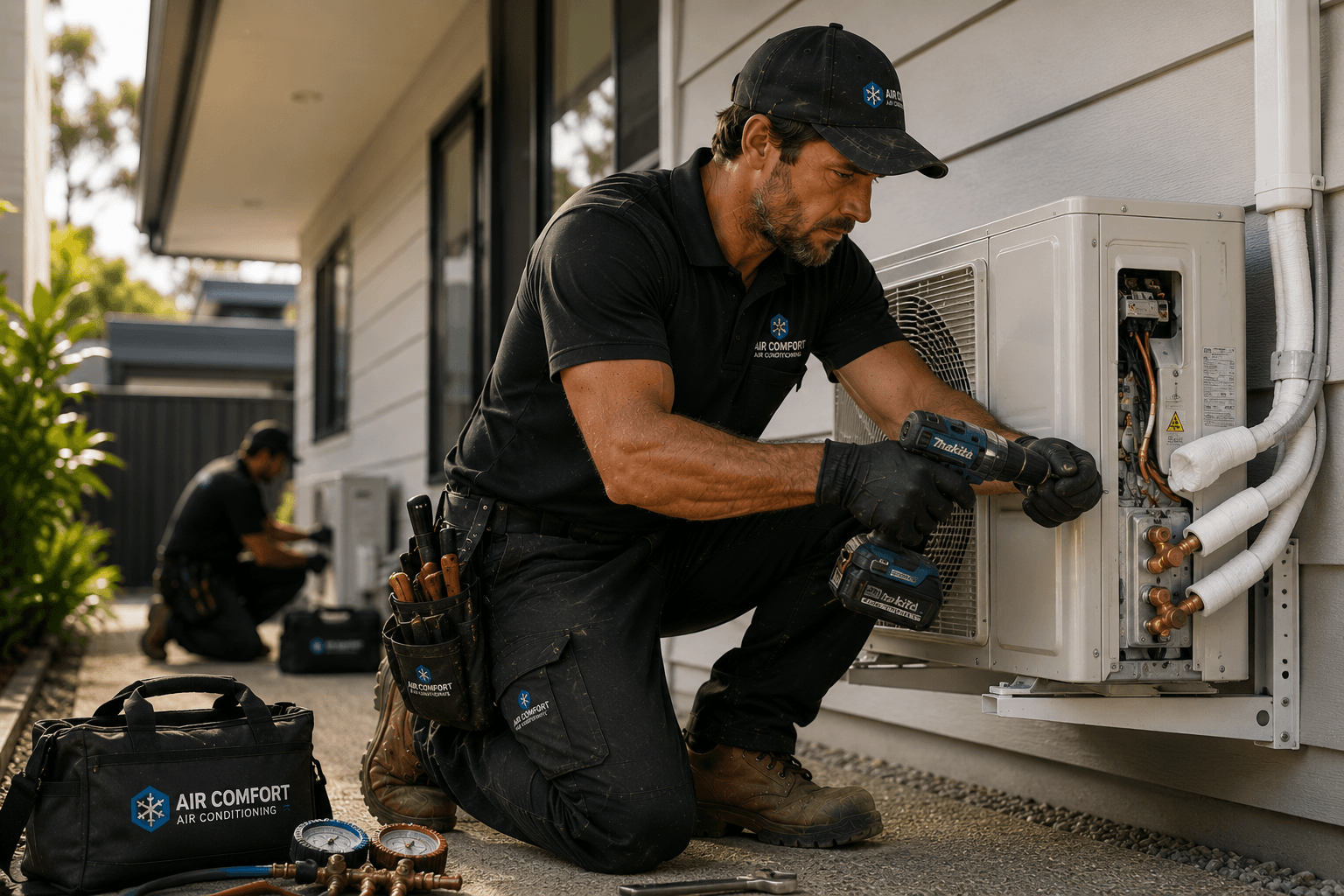 Technician installing an air conditioning unit