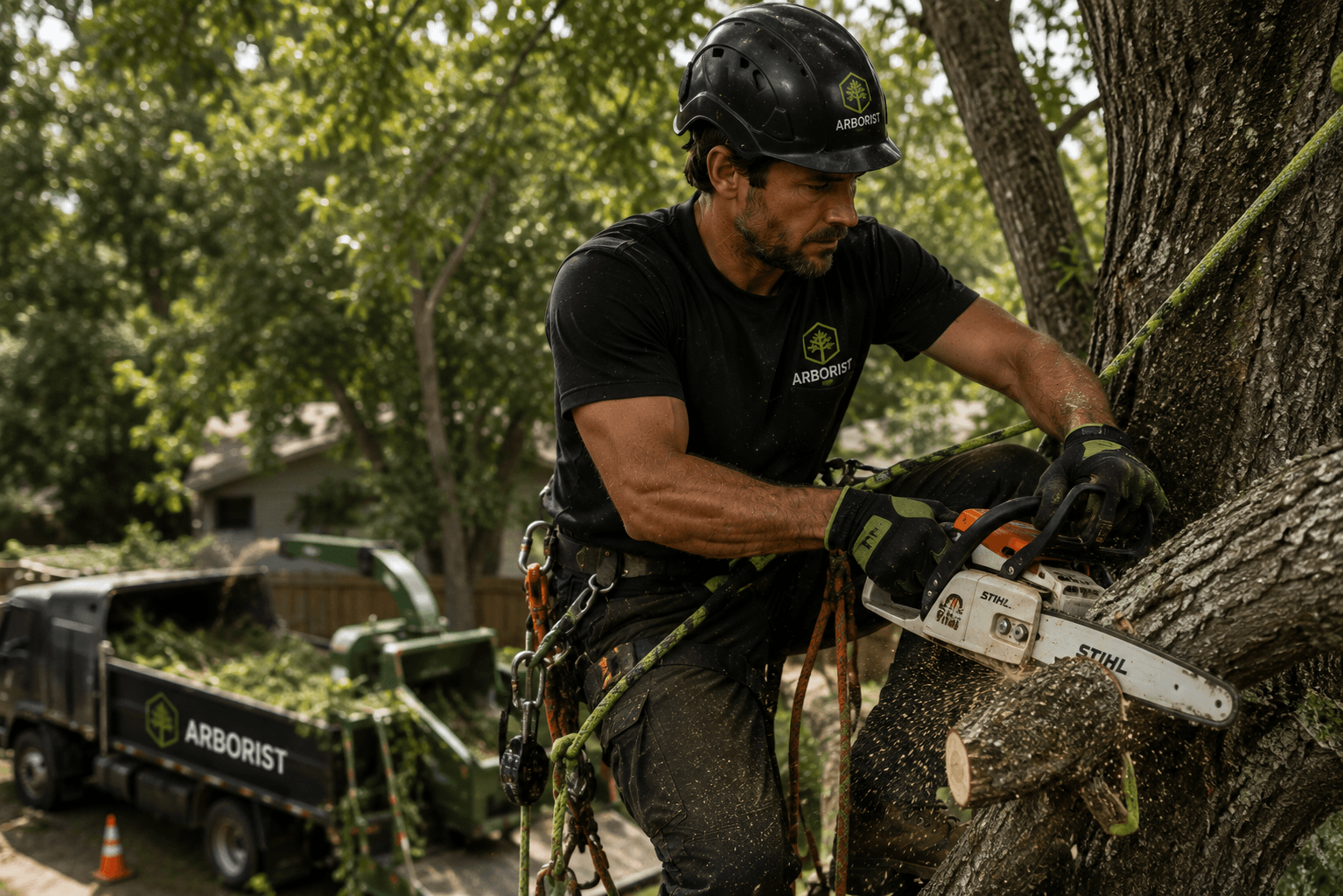 Arborist working high in a tree