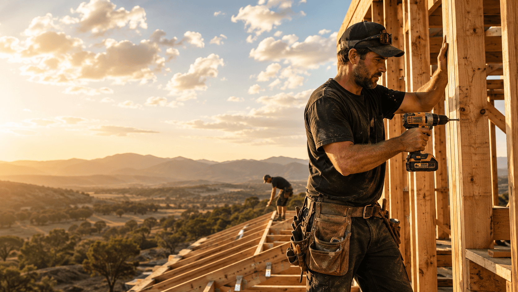 Builder working on timber framing at golden hour