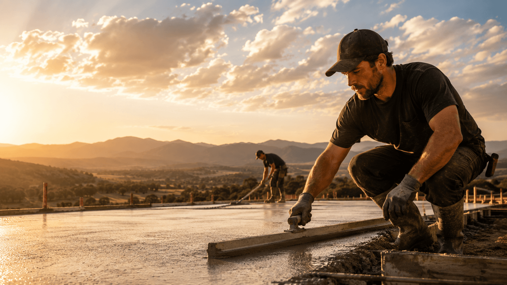 Concreter finishing a fresh slab