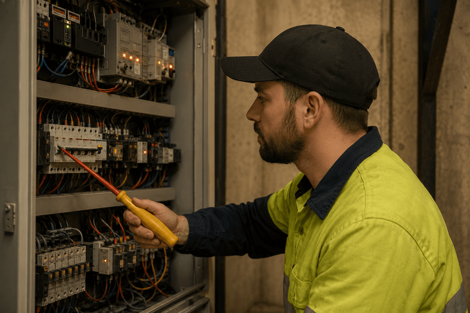 Electrician testing a switchboard