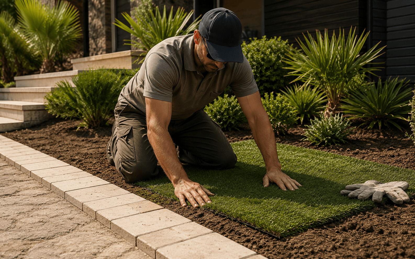 Landscaper laying fresh turf in a front garden