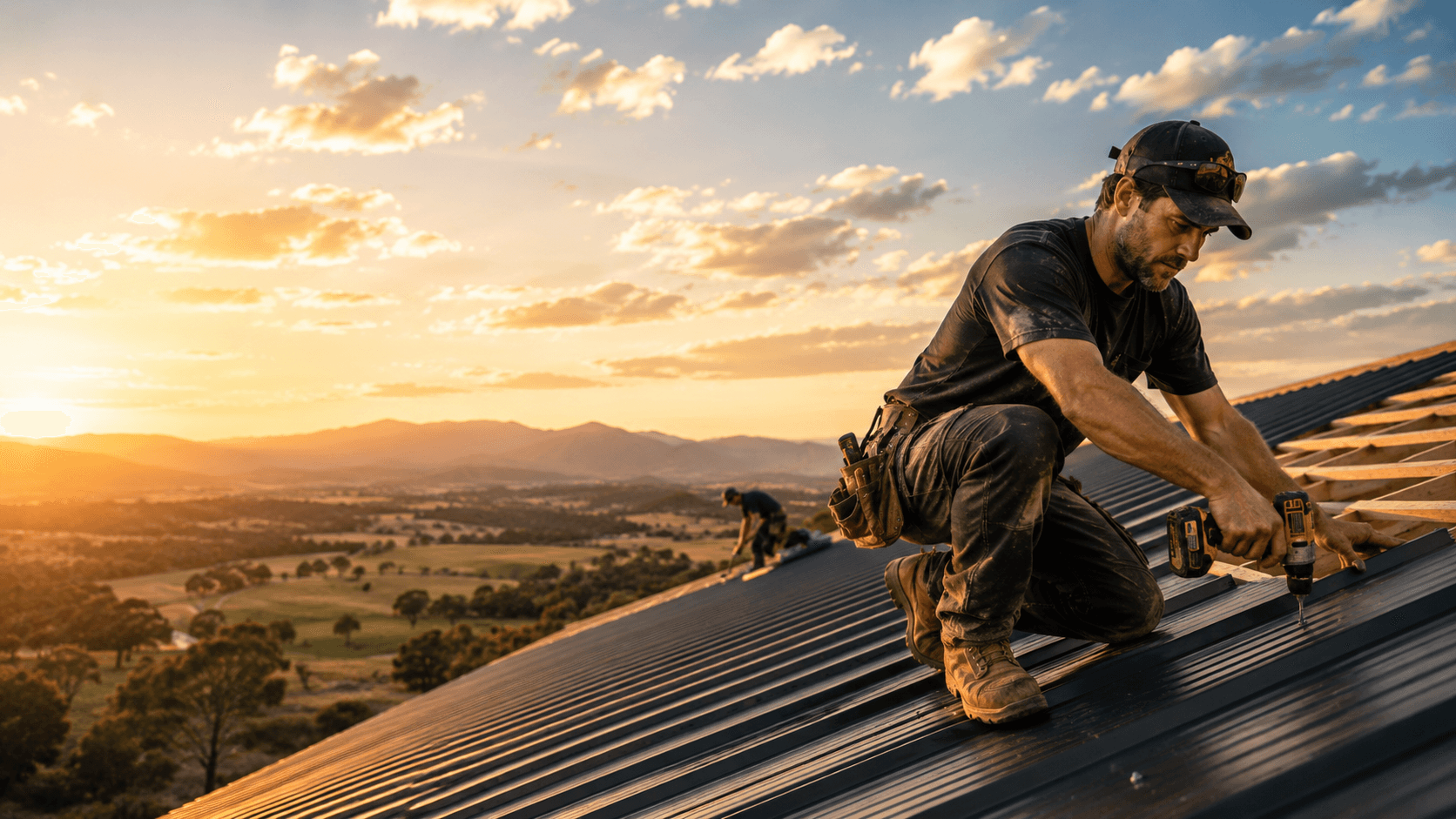 Roofer working on a metal roof