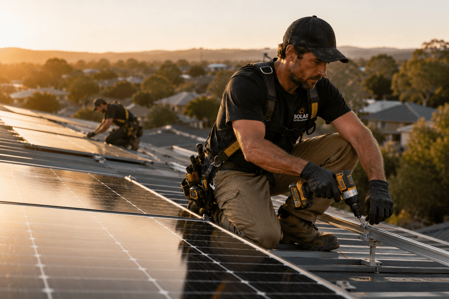 Solar installer fitting panels on a roof