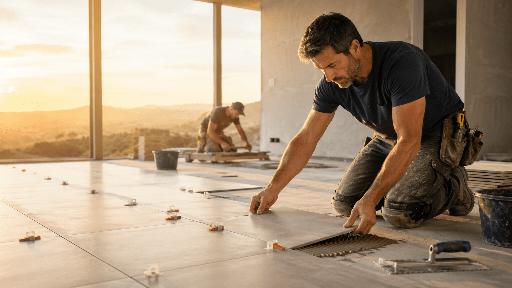 Tiler laying floor tiles